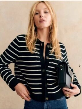 Sézane Striped Black & White Button Betty Cardigan